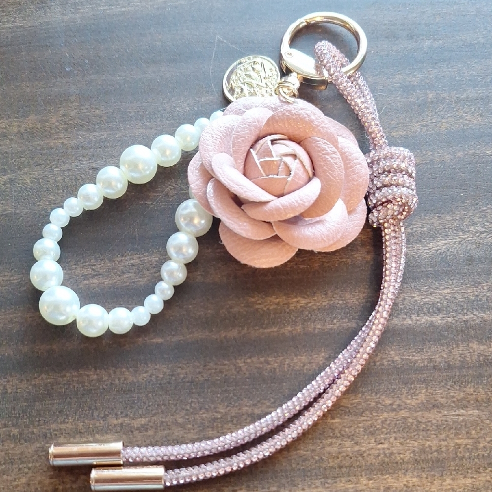 Elegant Pink Rose Bag Charm with Pearls